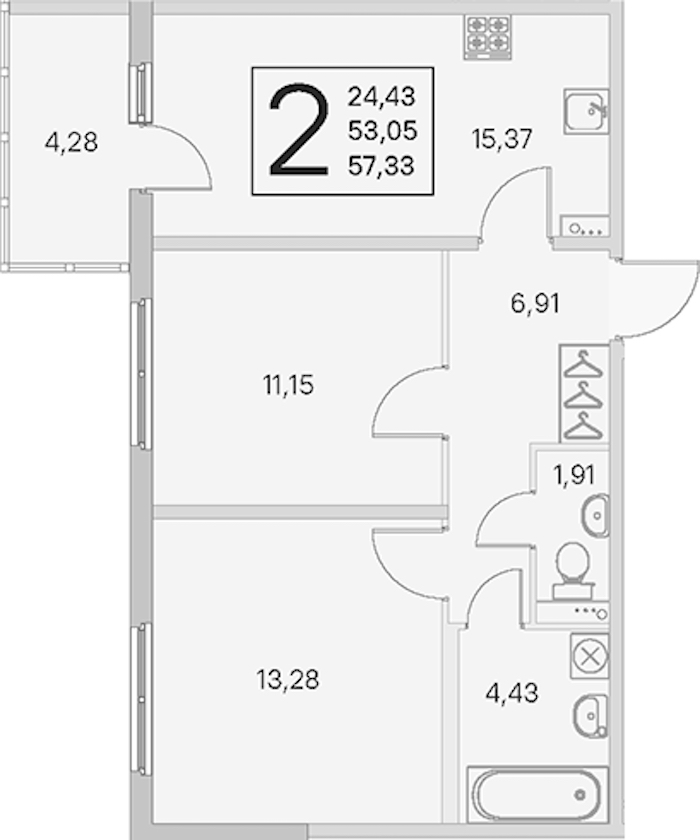 2-комнатная квартира 53.05 м², 1/4 эт., ЖК «Любоград в Стрельне»